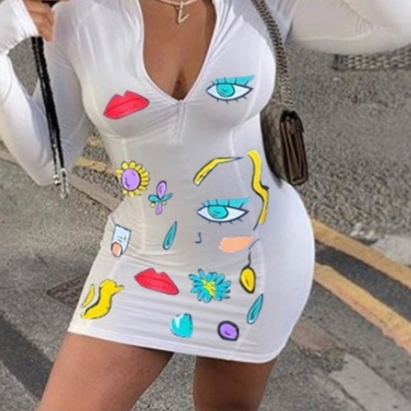 Women's White Sunflower, Lips, and Eye Long Sleeved Bodycon Dress. Size XL. - Picture 3 of 3